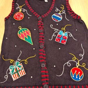 "Ugly" Christmas Sweater Vest with Ornaments & Presents Women’s Size Small